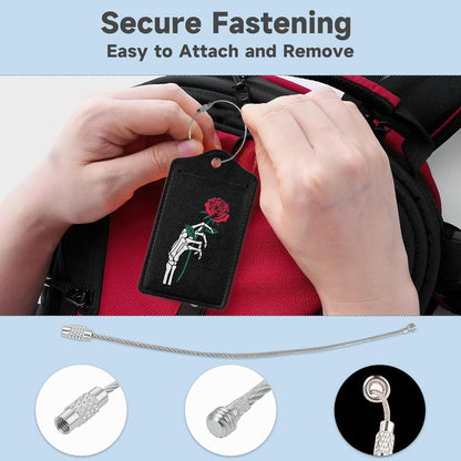 2 Pack Luggage Tag for Suitcase,Skeleton Hand Holding Rose Leather Bag Tags Identifiers Privacy Cover ID Label with Durable Steel Loop for Women Men Kids Girls Travel