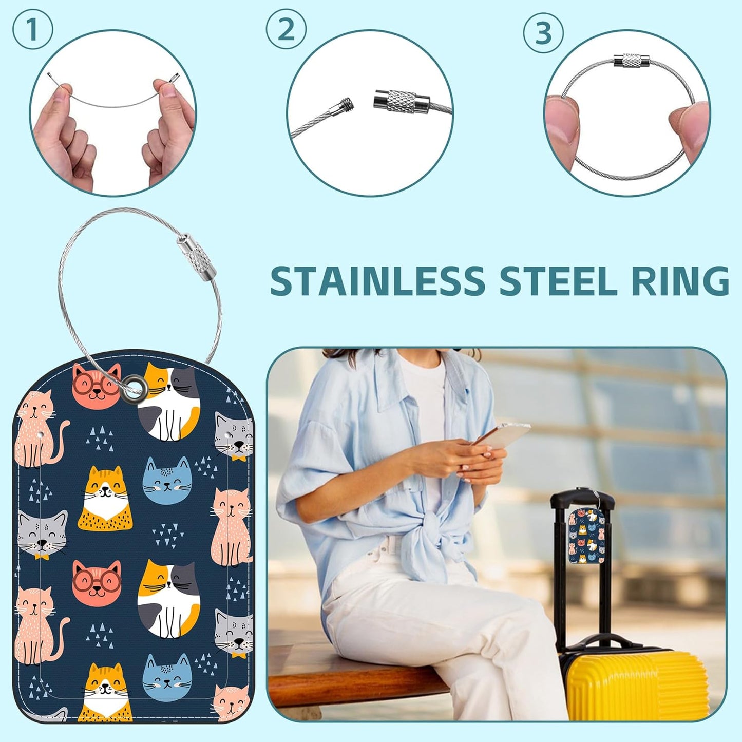 Cute Cat Animal Prints Luggage Tag for Suitcase Set of 2 PU Leather Cute Luggage Tags with Stainless Metal Loop ID Label Privacy Flap Suitcase Tags for Women and Men Travel