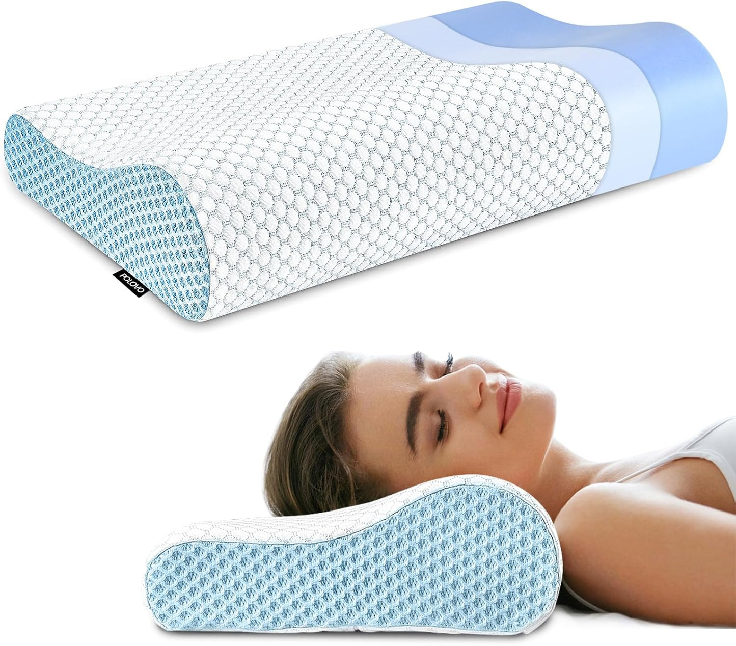 Neck Pillow Contour Memory Foam Pillows for Pain Relief Bed Pillow for Sleeping, Ergonomic Pillow for Neck and Shoulder Pain, Orthopedic Cervical Pillow for Side Back Stomach Sleeper(White&Blue)