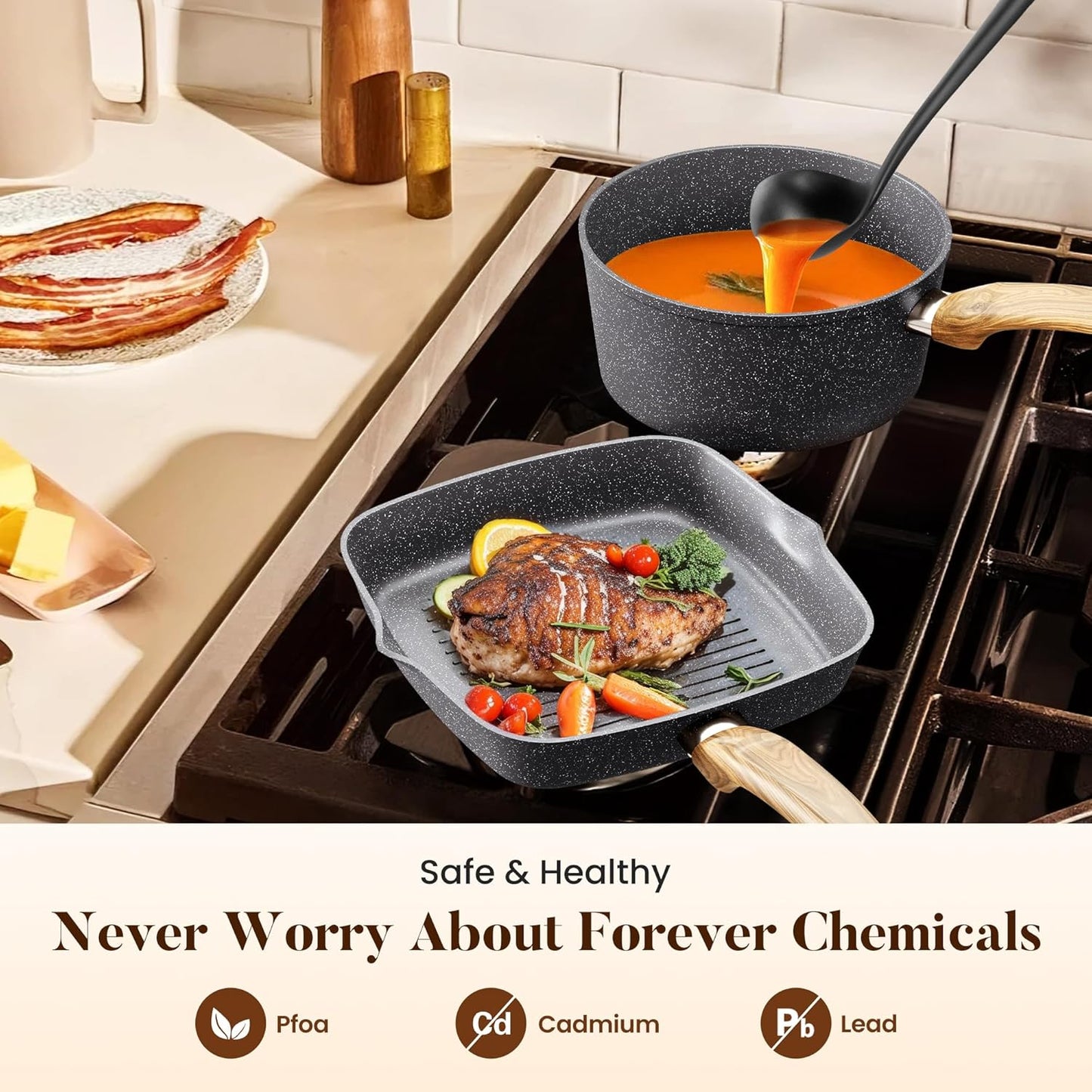 Kitchen Academy Granite Nonstick Cookware Set - 17 Piece Gray Cooking Pans Set, Induction Pots and Pans Set Non Stick, PFOA & PFOS Free.