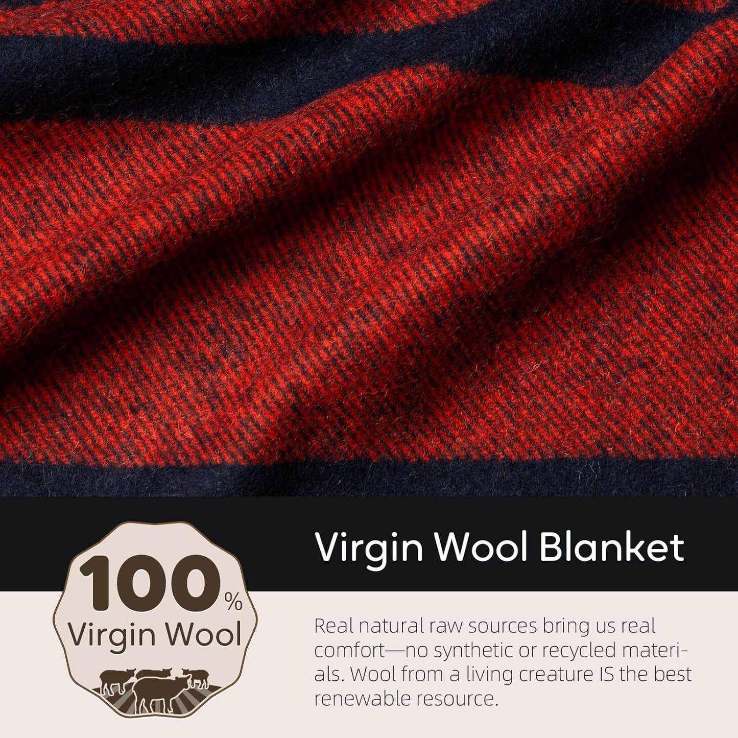 100% Wool Blanket, 62" x 86", Warm, Thick, Washable, Military Wool Blanket, Great for Camping, Outdoors, Sporting Events, Survival Kits