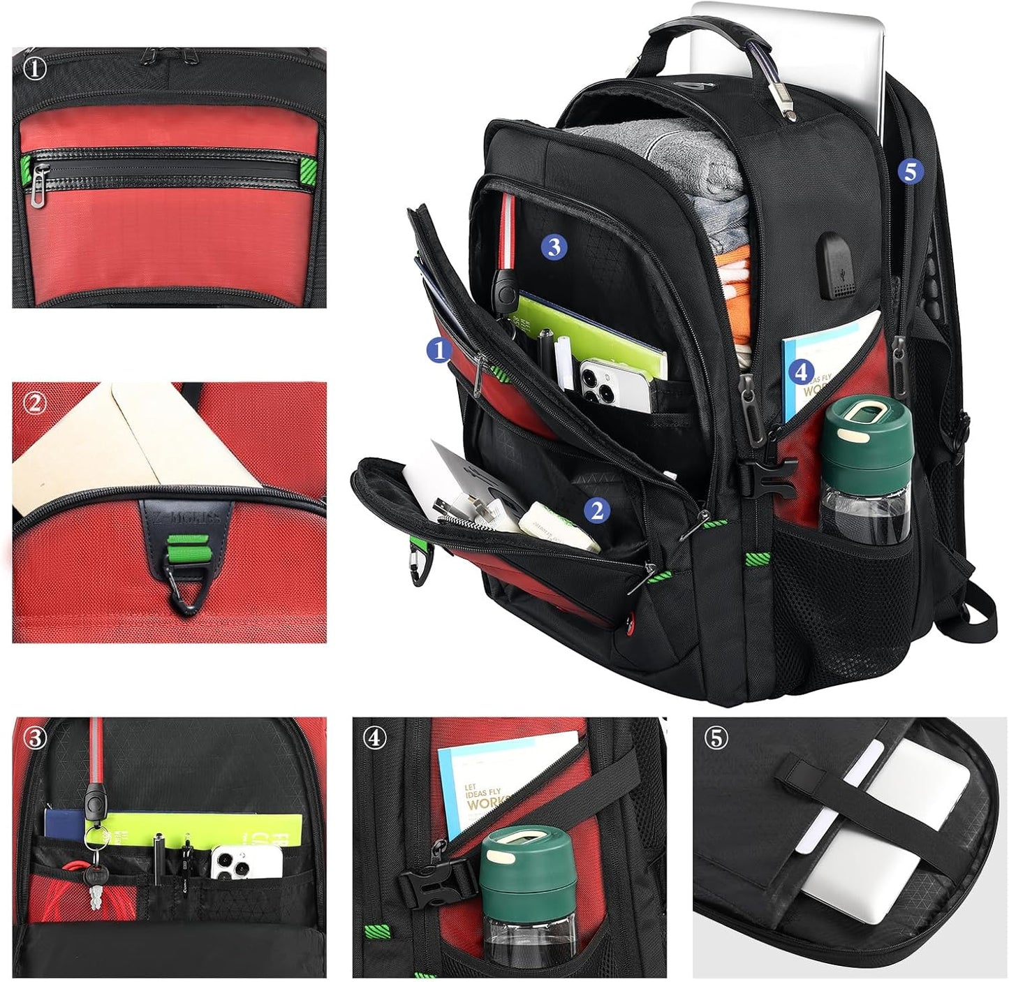 Z-MGKISS 18.4-19 Inch Extra Large Laptop Backpack, Travel Backpack for Men & Women, School Rucksack Bag with USB Charging Port and Multiple Compartments, Business Work College Daypack, Red