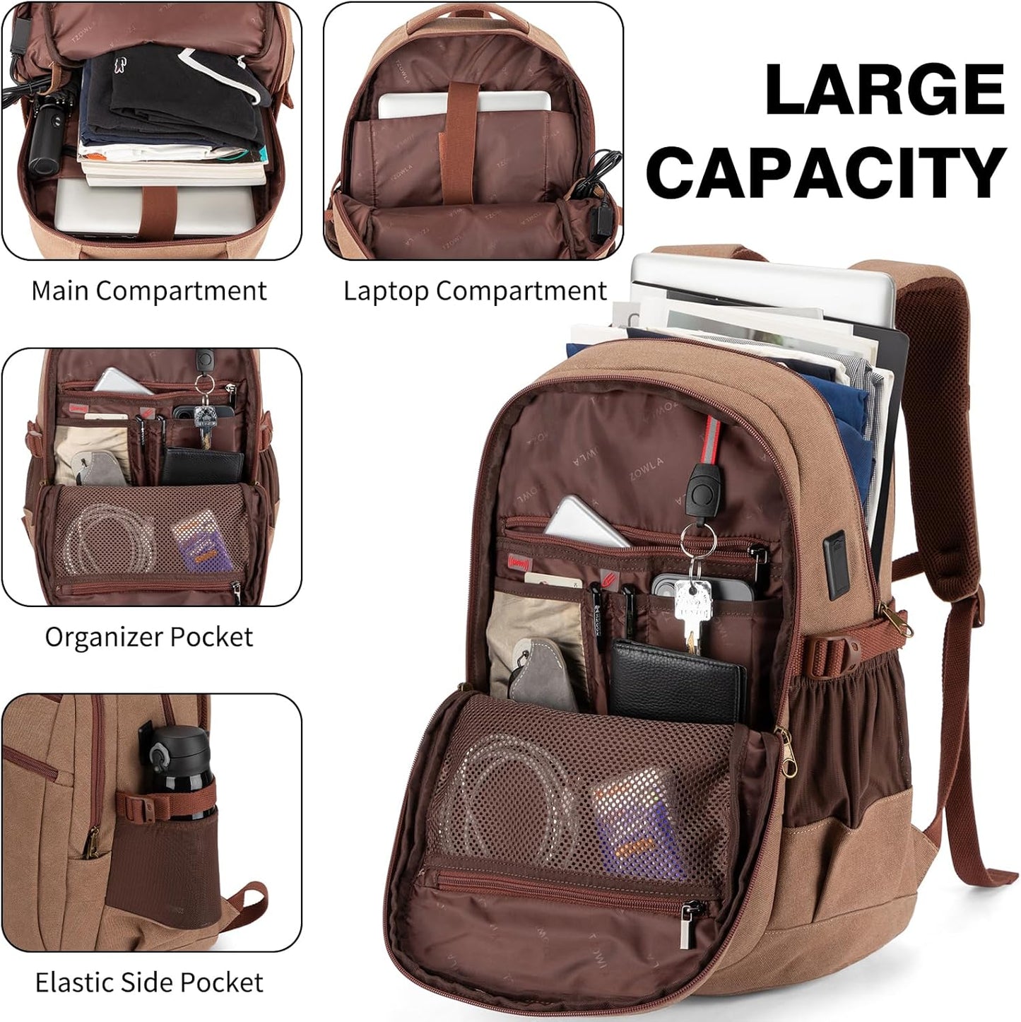 Tzowla Vintage Canvas Laptop Backpack for Men and Women,College Travel Work Rucksack with USB/Type-C Charging Port,Lightweight Bookbag Hiking Casual Daypack Backpacks Fit 15.6 Inch Notebook(Brown)