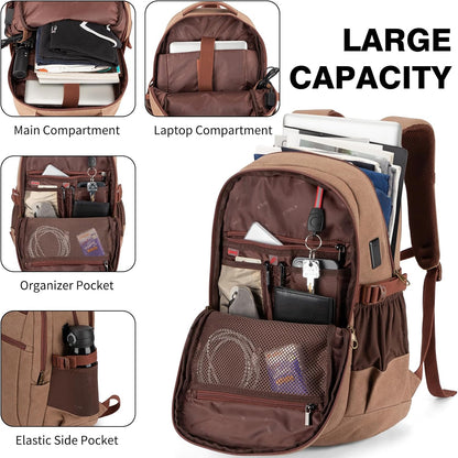 Tzowla Vintage Canvas Laptop Backpack for Men and Women,College Travel Work Rucksack with USB/Type-C Charging Port,Lightweight Bookbag Hiking Casual Daypack Backpacks Fit 15.6 Inch Notebook(Brown)