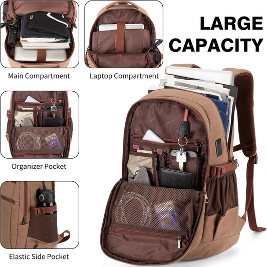 Tzowla Vintage Canvas Laptop Backpack for Men and Women,College Travel Work Rucksack with USB/Type-C Charging Port,Lightweight Bookbag Hiking Casual Daypack Backpacks Fit 15.6 Inch Notebook(Brown)