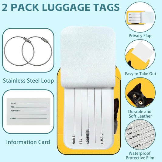 2 Pack Cute Luggage Tag for Suitcases Cute Black Cat Leather Luggage Tags with Stainless Steel Loop Privacy Flap Name Tags,Men and Women Travel Bag Suitcase Tags