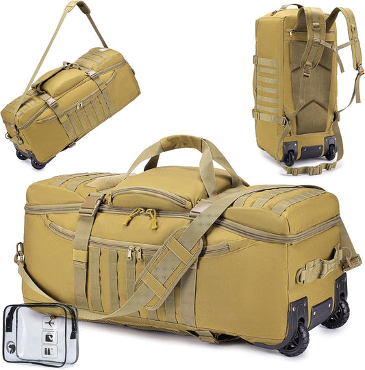 KSIBNW Rolling Duffel Bag with Wheels and Handle, 4 In 1 Tactical 86L Military Backpack with Hidden Straps,Waterproof Wheeled Large Duffle Bag for Travel,Durable MOLLE Luggage for Men & Women, Khaki