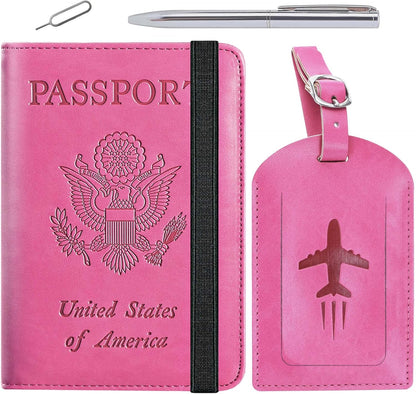 Passport Holder With Luggage Tag Travel Essentials Passport Cover Wallet RFID Blocking Leather Case International Must Haves Travel Accessories Women Men(115#Pink)