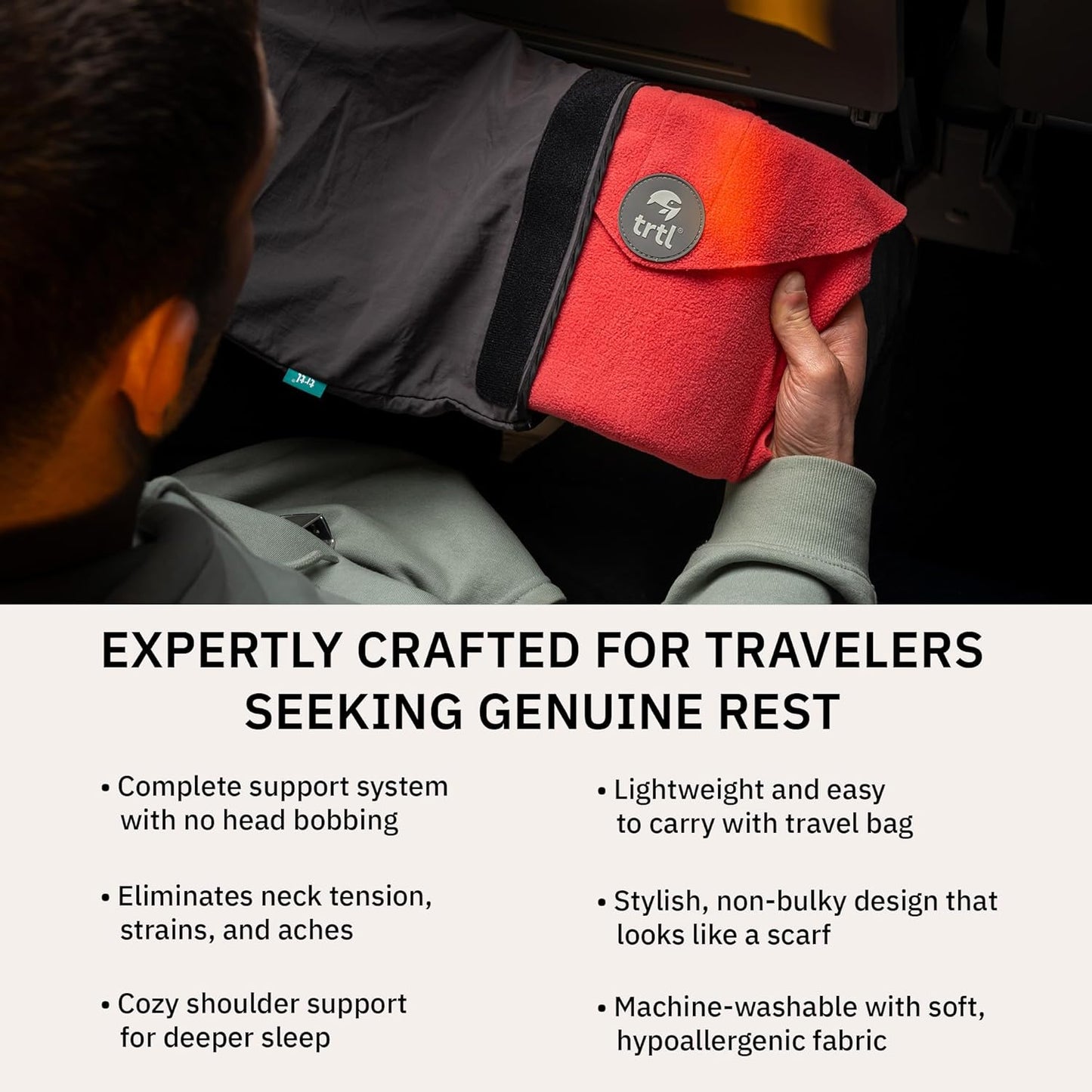 trtl Pillow - Scientifically Proven Super Soft Neck Support Travel Pillow - Machine Washable - Coral