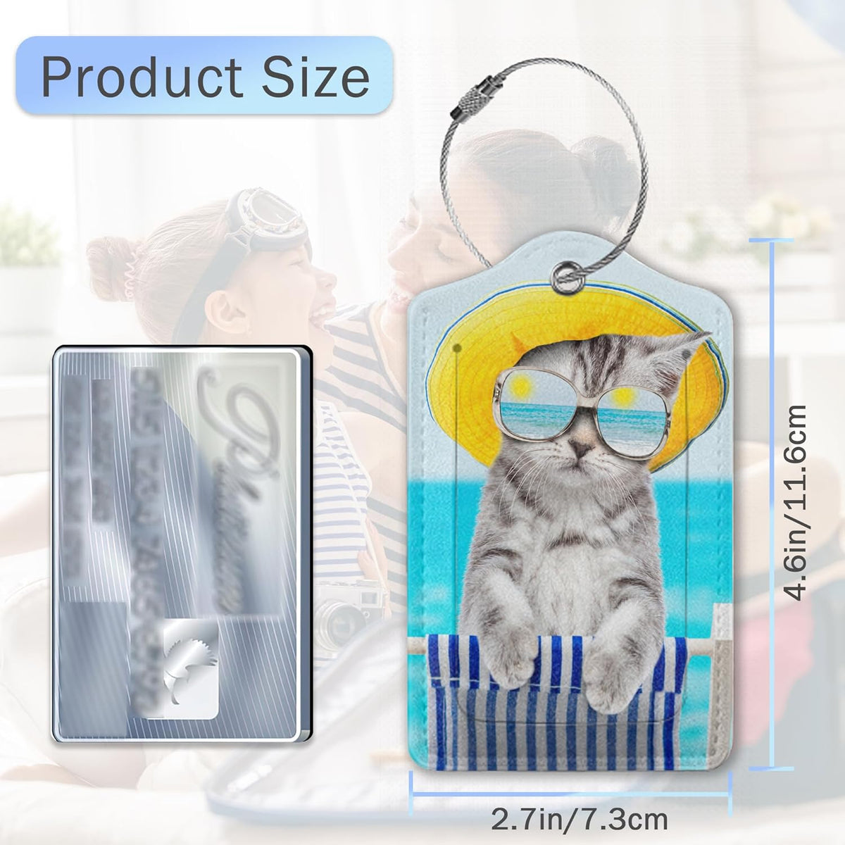 Luggage Tags for Suitcase,Cat Dog Sunglasses Beach Luggage Tags of Set 2 Leather Identifiers Privacy Cover with Stainless Steel Loop for Women Men Travel Bag Suitcase