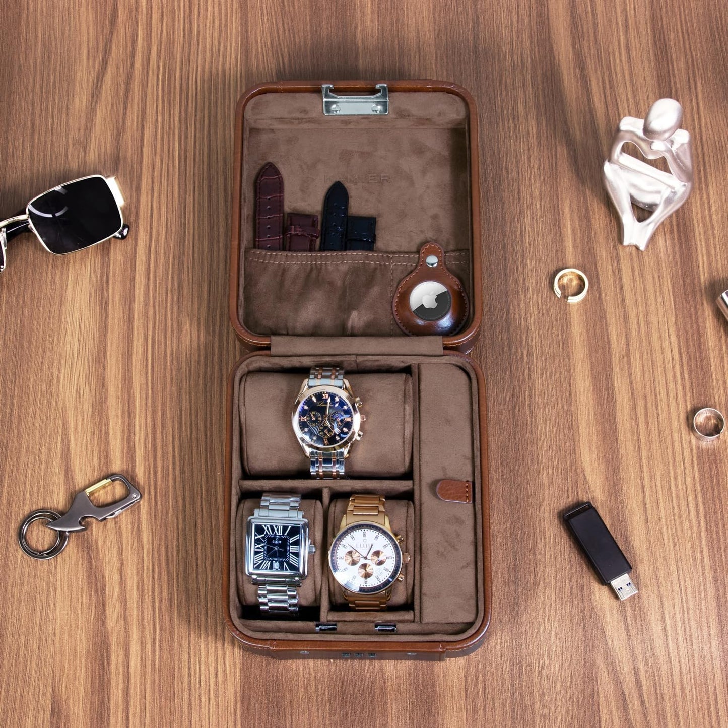 KAMIER Watch Case with Combination Lock - 4 Watch Storage and Jewelry Organizer - Watch Travel Case for Ring and Watch Storage, PU Leather Travel Watch Case, Ideal for Gift (With Gift Box), Brown