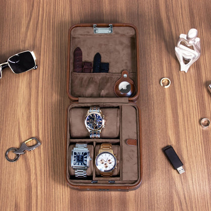 KAMIER Watch Case with Combination Lock - 4 Watch Storage and Jewelry Organizer - Watch Travel Case for Ring and Watch Storage, PU Leather Travel Watch Case, Ideal for Gift (With Gift Box), Brown