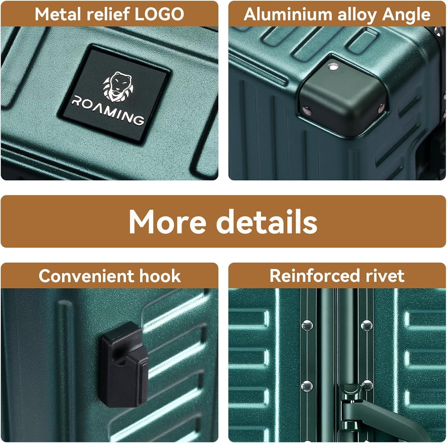 ROAMING Zipperless Luggage 24 Inch with Aluminum Frame, 3-Layer PC Trunk-Medium Lightweight Hard Shell Suitcase with Spinner Wheels, Metal Travel Luggage with Double TSA Locks, Dark Night Green