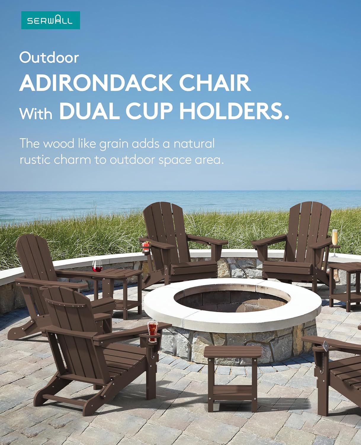 SERWALL Adirondack Chair with Cup Holders - Composite Adirondack Chairs Set of 4 HDPE Outdoor Chairs All Weather Use- Coffee