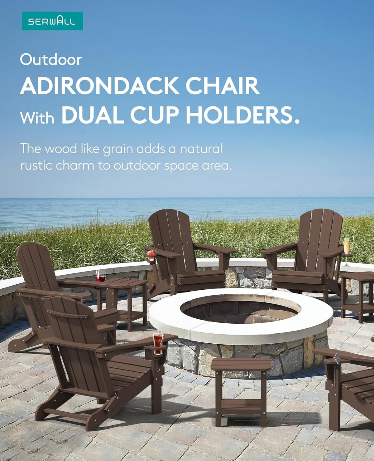 SERWALL Adirondack Chair with Cup Holders - Composite Adirondack Chairs Set of 2 HDPE Outdoor Chairs All Weather Use- Coffee