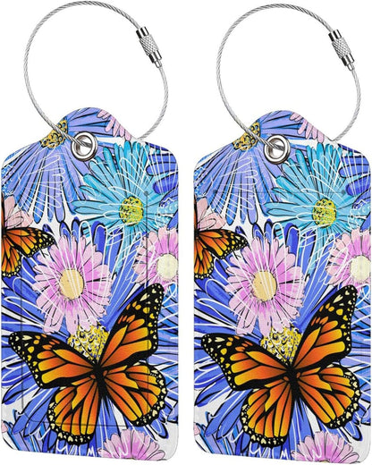 Set of 2 Artistic Flowers Luggage Tags with Butterfly Pattern, Pretty Suitcase Tag Privacy Name ID Card Pink Blue Floral Travel Bag Labels with Stainless Steel Loop for Women Girls Kids Adult