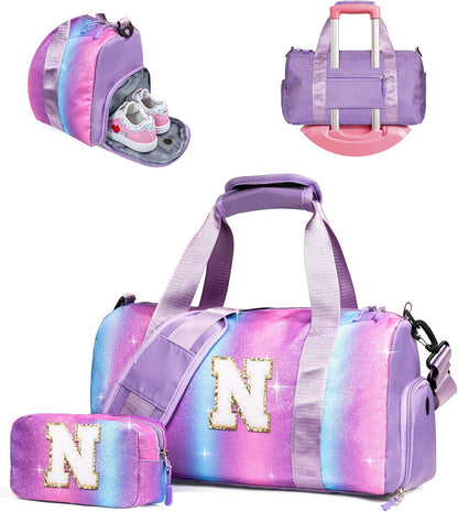 Girly Girl Stuff-Girl Gym Bag with Shoe Compartment, Kid Personalized Weekender Overnight Bags, Initial Travel Tote with Makeup Pouch, Easter Gift 5 6 7 8 9 10 Year Old (Letter N)