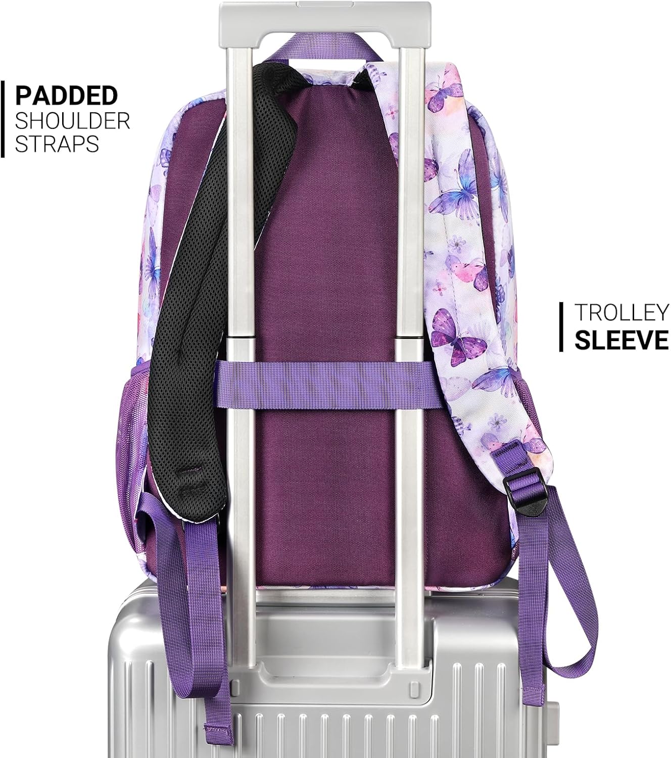 ZORFIN 26L Backpack for College, and Travel: Water Resistant Bookbag - Butterfly Purple