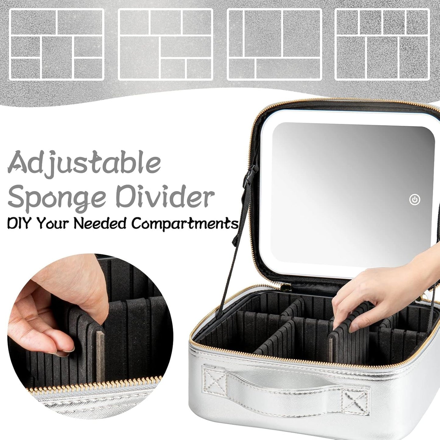 Makeup Travel Train Case with Mirror LED Light 3 Adjustable Brightness Large Cosmetic Bag Portable Storage Adjustable Partition Waterproof Make up Brushes Makeup Jewelry Gift for Women