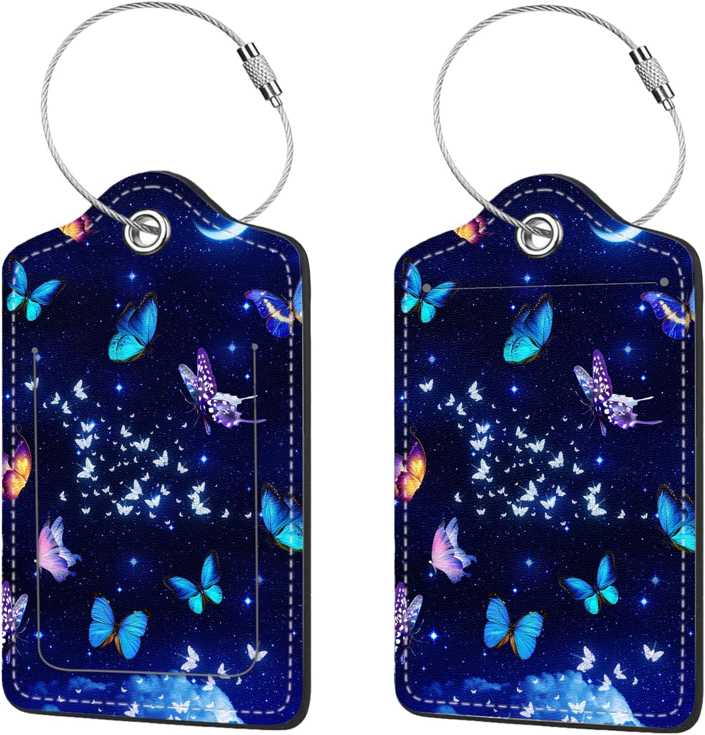 2 Pcs Luggage Tags for Suitcases, PU Leather Cruise Ship Luggage Tags with Privacy Cover Label Address Card and Durable Metal Ring Suitable for Men Women Handbags Backpacks,Starry Night Butterfly