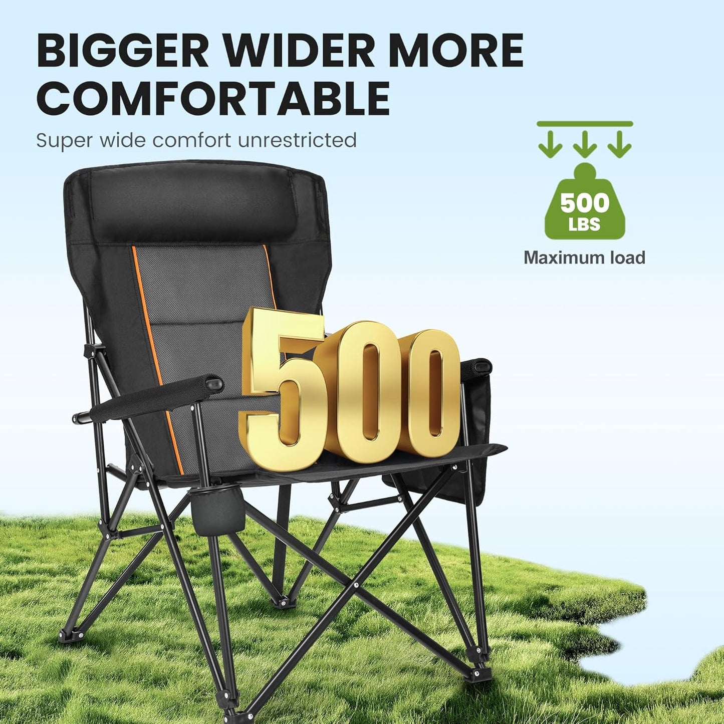 HIGH POINT SPORTS Oversized Folding Camping Chairs for Adults, High Backrest Heavy Duty Lawn Chairs Support 500 LBS Portable Collapsible Camp Chairs with Cup Holders,Side Pocket, Black