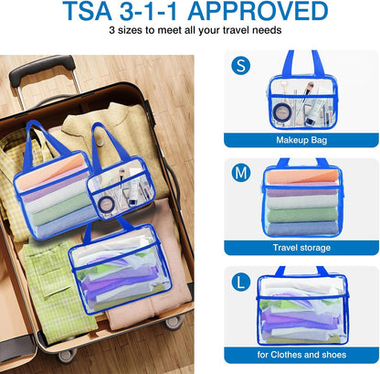 XEWEA Clear Travel Toiletry Bags, 3 Pack TSA Approved Transparent Makeup Bag for Men Women, Large Waterproof PVC Quart Organizer with Zipper for Toiletries Airline Essentials,Toy Storage Pouch Blue
