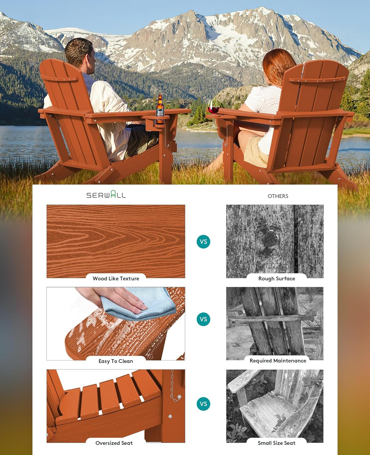 SERWALL Adirondack Chair with Cup Holders - Composite Adirondack Chairs Set of 4 HDPE Outdoor Chairs All Weather Use- Orange