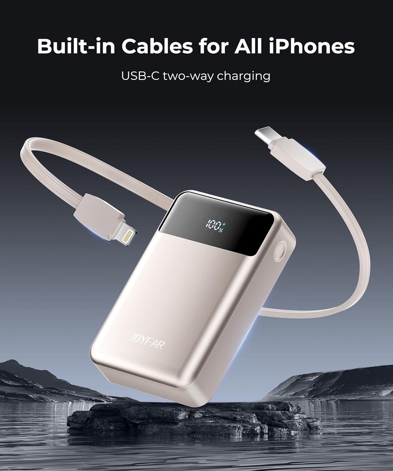 Portable-Charger-Power-Bank Travel Essentials Battery Pack USB C 30000mAh Built in Cable 22.5W Phone Fast Charging Powerbank Compatible with iPhone 16 15 14 13 12 11 iPad Google Xiaomi (Gold)