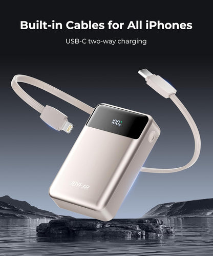 Portable-Charger-Power-Bank Travel Essentials Battery Pack USB C 30000mAh Built in Cable 22.5W Phone Fast Charging Powerbank Compatible with iPhone 16 15 14 13 12 11 iPad Google Xiaomi (Gold)