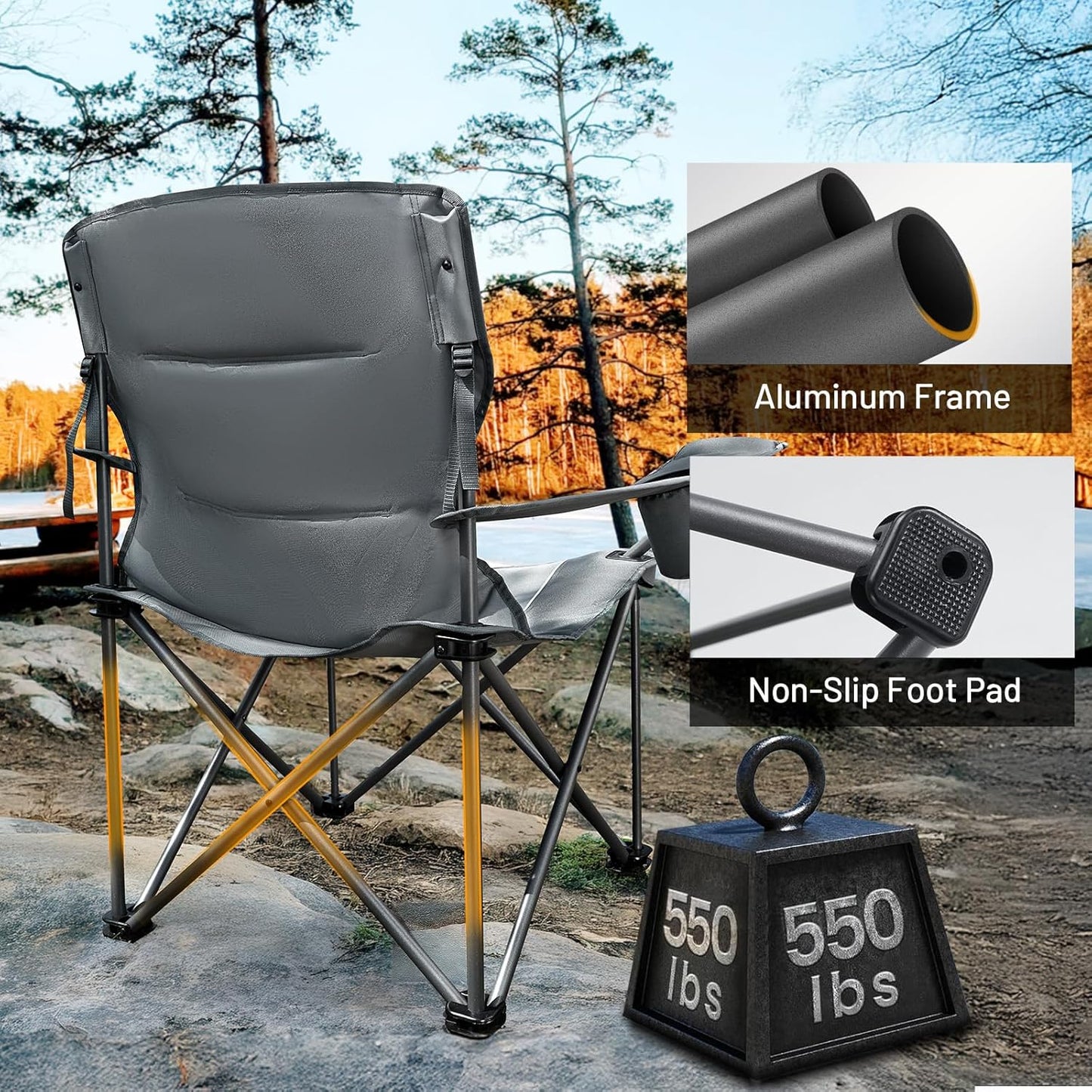 TIMBER RIDGE Oversized Folding Camping Chair for Adults, Support 550 LBS Heavy Duty with Cup Holder Side Pocket for Camping, Lawn, Picnic, 2 Pack(Grey)