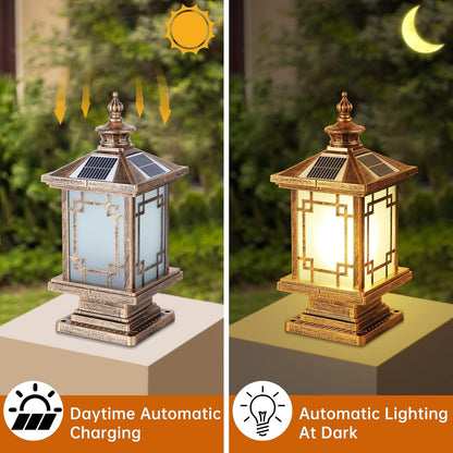 LED Solar Post Light Outdoor, Aluminum Fence Post Cap Lamp Remote Control Dimmable Pillar Lights Solar IP65 Waterproof Column Light, 15.7" X 7.3" Pillar Pedestal Lantern for Garden Yard