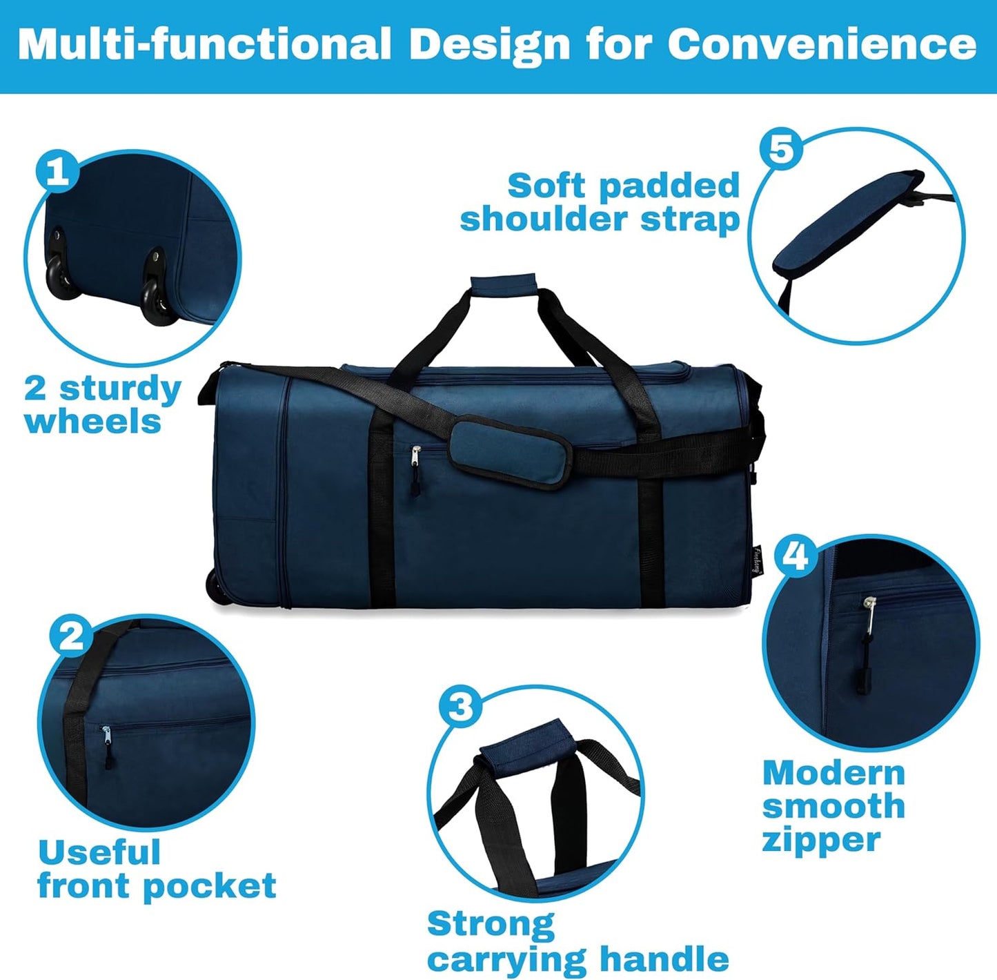 Finnhomy 100L Foldable Rolling Duffel Bag with 2 Wheels, Light Weight Travel Duffel bag with Large Loading Capacity, 32 inch Rolling Duffel bag with Shoulder Strap for Travel Camping Sports, Dark Blue