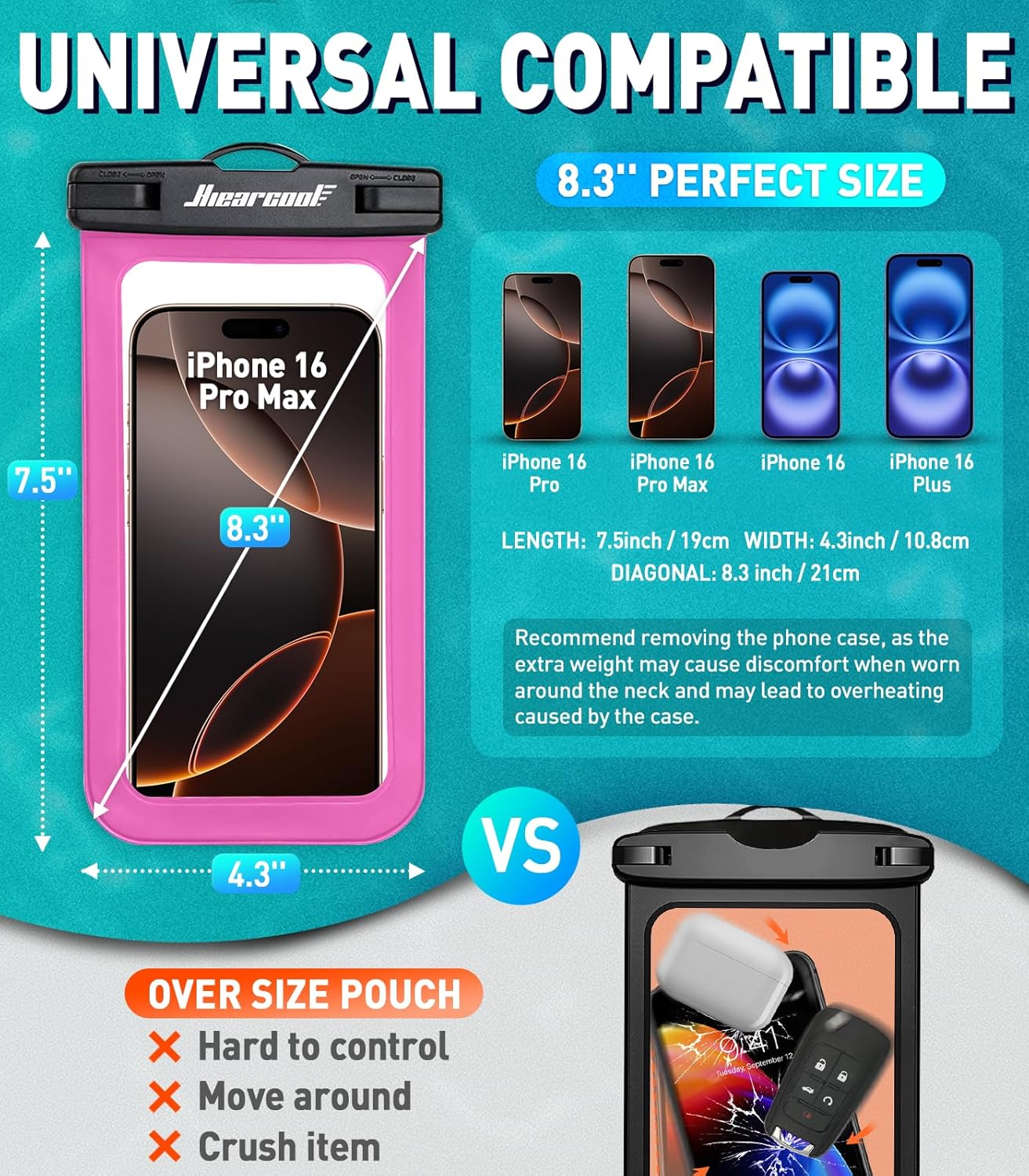 Hiearcool Waterproof Phone Pouch,Waterproof Phone Case for iPhone 16 15 14 13 Pro Max,IPX8 Phone Waterproof Pouch for Beach Cruise Ship Travel Essentials Green&Bright Red-2Pack