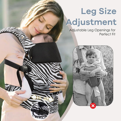 Baby Carrier with Lumbar Support, Cozy Baby Carrier Newborn to Toddler with Adjustable Seat Size, Ergonomic Infant Carrier with 3-Way Carry, Front Facing Toddler Hodler Carrier for Mom & Dad, Zebra