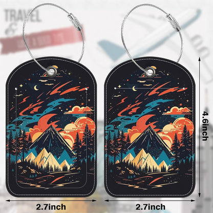 2 PCS Leather Luggage Tags for Suitcase Colorful Bright Mountain Travel Luggage Tag with Privacy Flap Name ID Label and Metal Loop for Travel Bag Suitcase