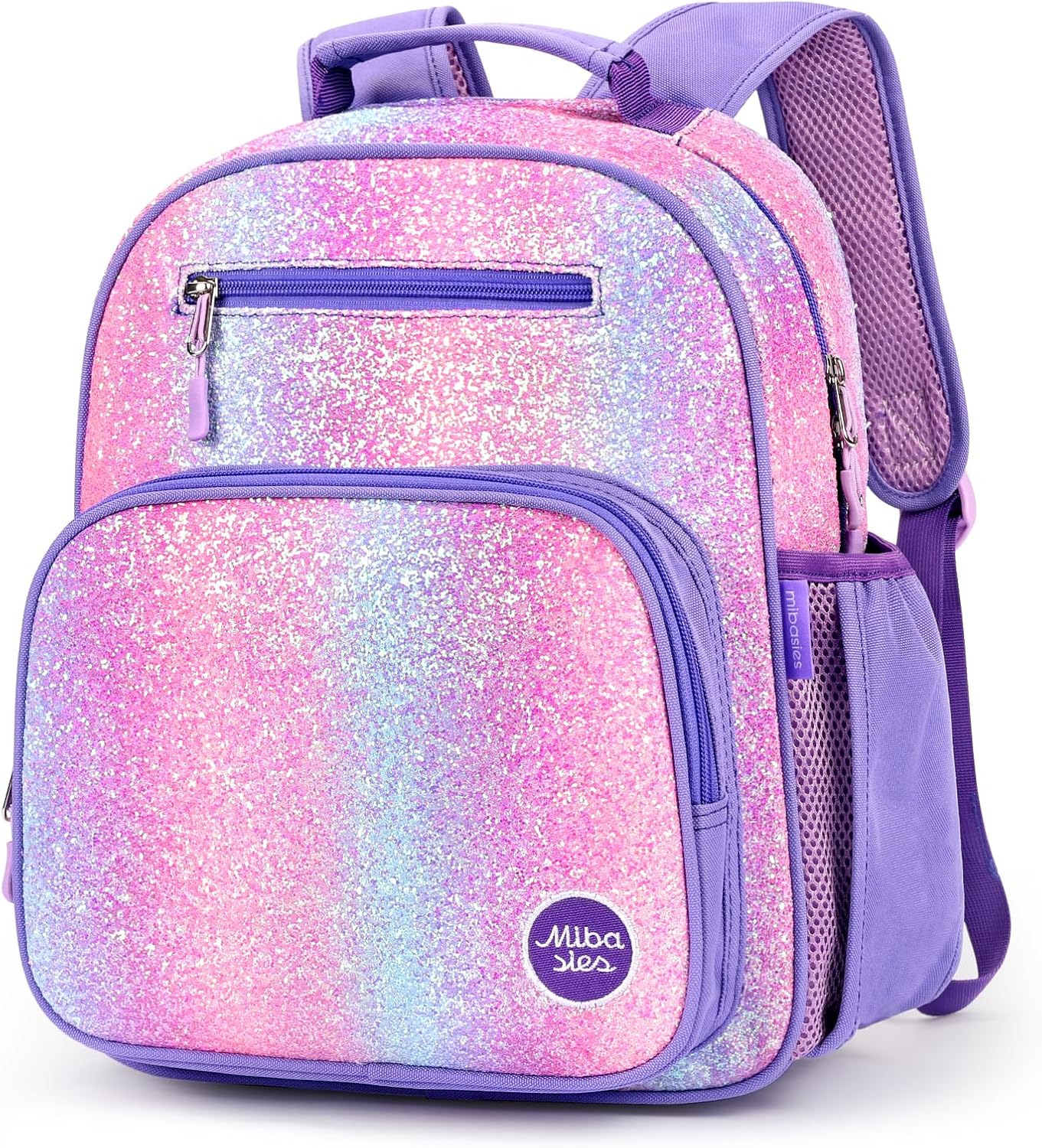 mibasies Girls Backpack 5-8: Glitter Kids Backpacks for Girls - Girl Bookbag for Elementary School - Purple