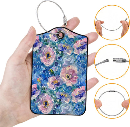 Luggage Tags for Suitcases, 2-Pack PU Leather for Cruise & Travel, Baggage ID Tags with Privacy Cover & Address Card, Durable Metal Ring, Kids Adults Travel Accessories, Blue Hued Impasto