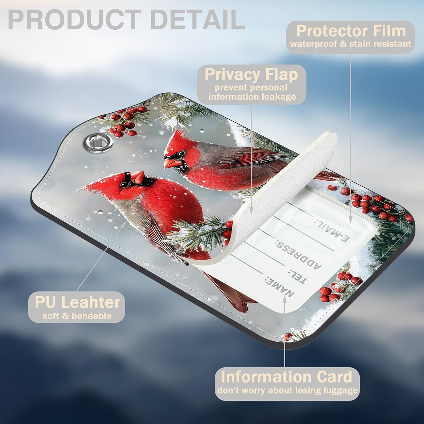 Red Cardinals on Snowy Branches Set of 2 Luggage Tags for Suitcases Leather Suitcase Tags Identifiers with Privacy Name Address Label and Stainless Steel Loop for Women Men Travel Luggage Accessories