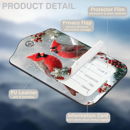 Red Cardinals on Snowy Branches Set of 2 Luggage Tags for Suitcases Leather Suitcase Tags Identifiers with Privacy Name Address Label and Stainless Steel Loop for Women Men Travel Luggage Accessories