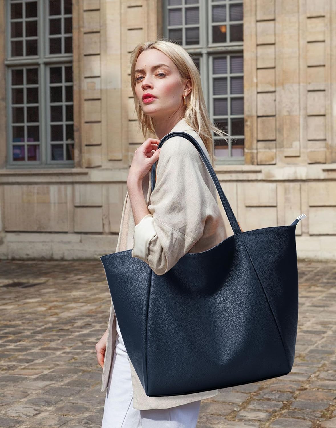 KALIDI Large Tote Bag Vegan Leather Casual Zipper Work Bag Weekender Hobo for Women 23L Oversize Shoulder Travel Purse