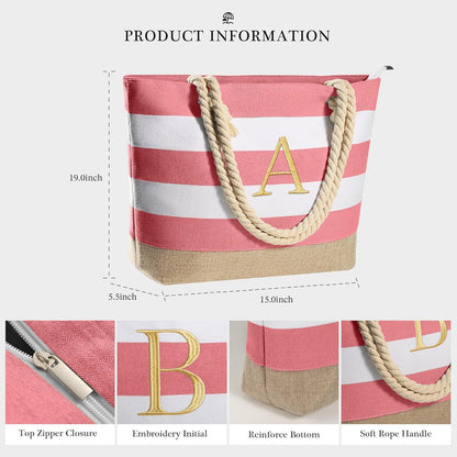 YOOLIFE Initial Canvas Waterproof Beach Tote Bag Zipper Personalized Gifts for Women Her Birthday Travel Beach Essential