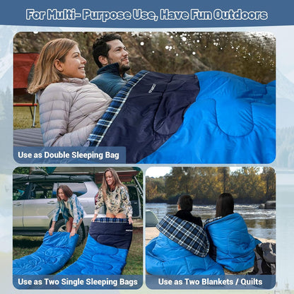 Double Sleeping Bag for Adults Machine Washable 2 Person Camping Sleeping Bag Queen Size Waterproof with Compression Sack for Cold Weather 3-4 Seasons