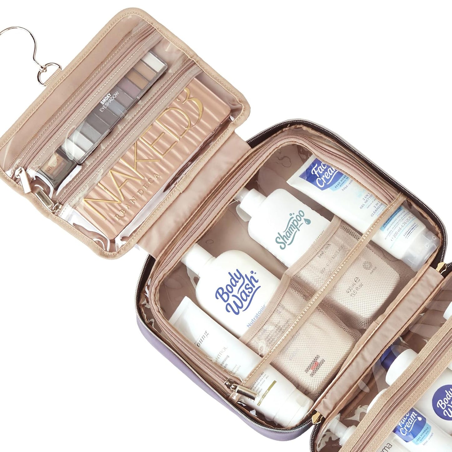 NISHEL Travel Toiletry Bag for women, Portable Hanging Organizer for Full-Sized Shampoo, Conditioner, Brushes Set, Makeup Accessories, Large Size, Purple