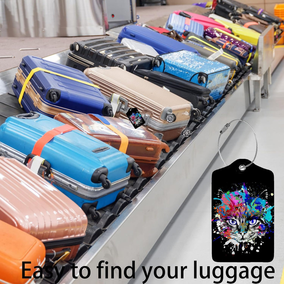 Colorful Cat Head 2 Pack Luggage Tag for Suitcase, Leather Bag Tags Identifiers Privacy Cover ID Label with Steel Loop for Women Men Kids Girls Travel