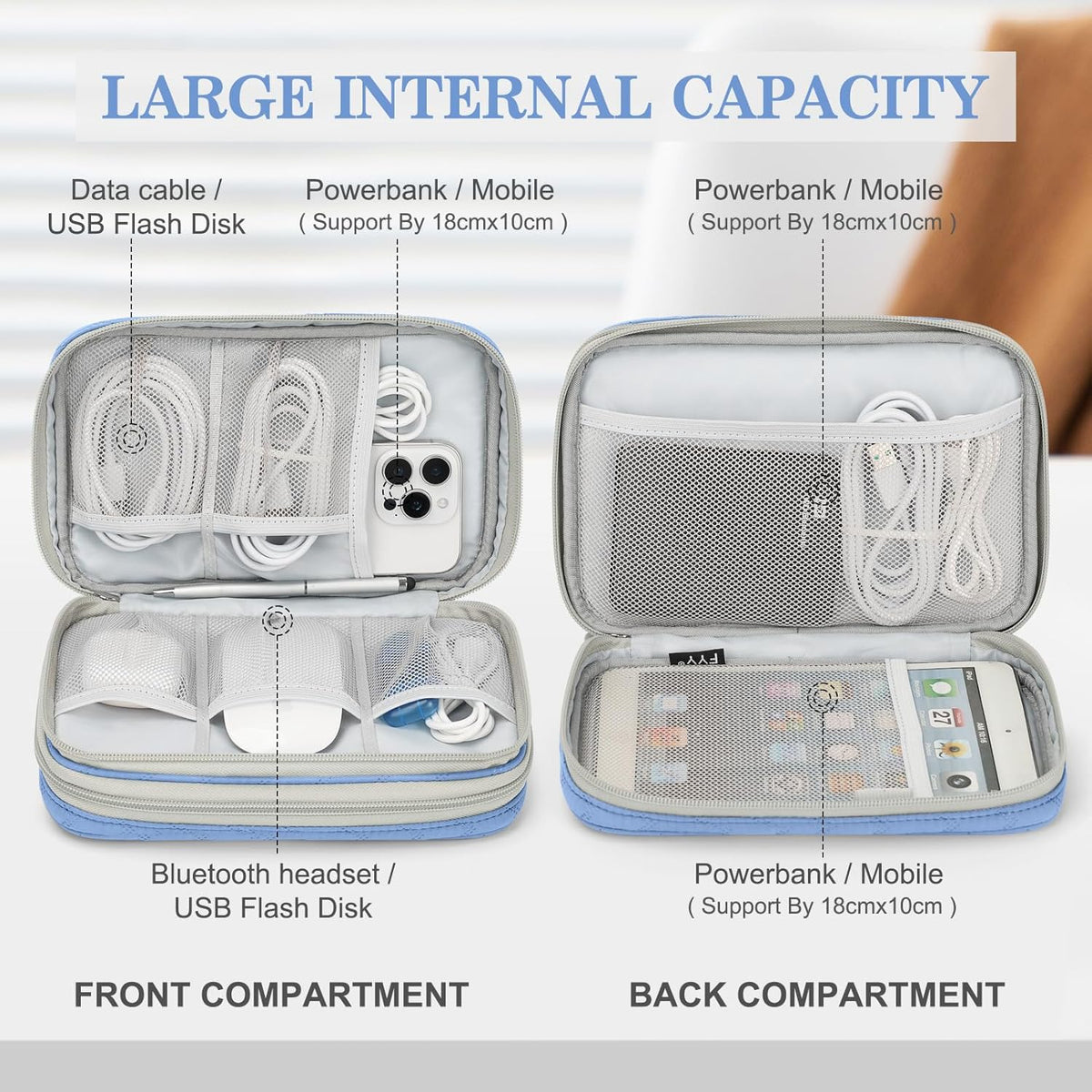 FYY Electronic Organizer, Large Travel Cable Organizer Bag Pouch Electronic Accessories Carry Case Portable Waterproof Double Layers All-in-One Storage Bag for Cable, Cord, Charger, Pattern Blue
