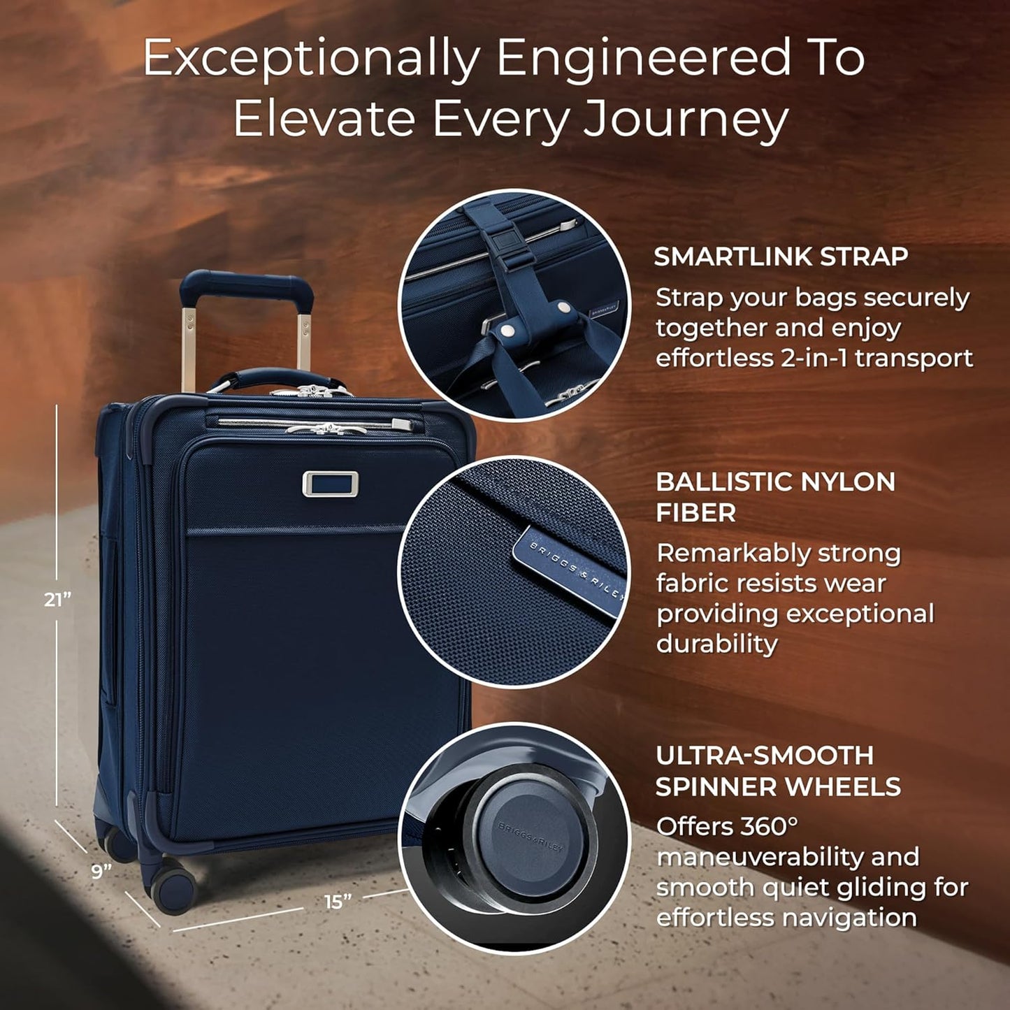 Briggs & Riley Global 21" Carry On Expandable Spinner - Luggage for International Travel, Suitcases with Wheels, Softside Rolling Bag for Men & Women, Self-Repairing Zipper - Baseline Collection, Navy