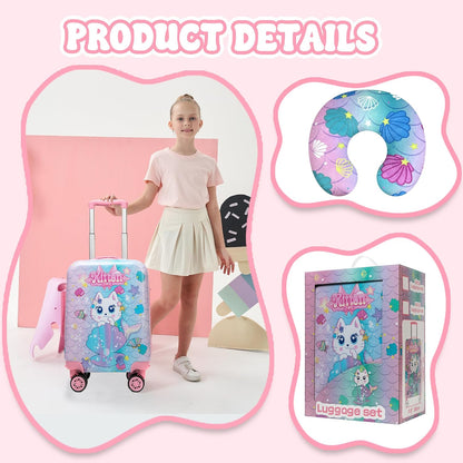 Cute Cat Kid’s Luggage Set 2 Piece Suitcase Set 16" Hardside Luggage with Spinner Wheels Girls Carry on Toddler Travel Rolling Luggage Airline Approved