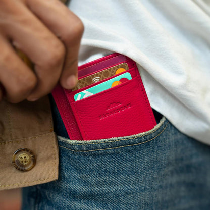 KARAKORAM Vertical Handcrafted Premium Leather Front Pocket Credit Card Holder with RIFD Protection | Artisan Made Slim Leather Wallet | Finger Glide Slots for Cards and ID (Summit Sunset Red)