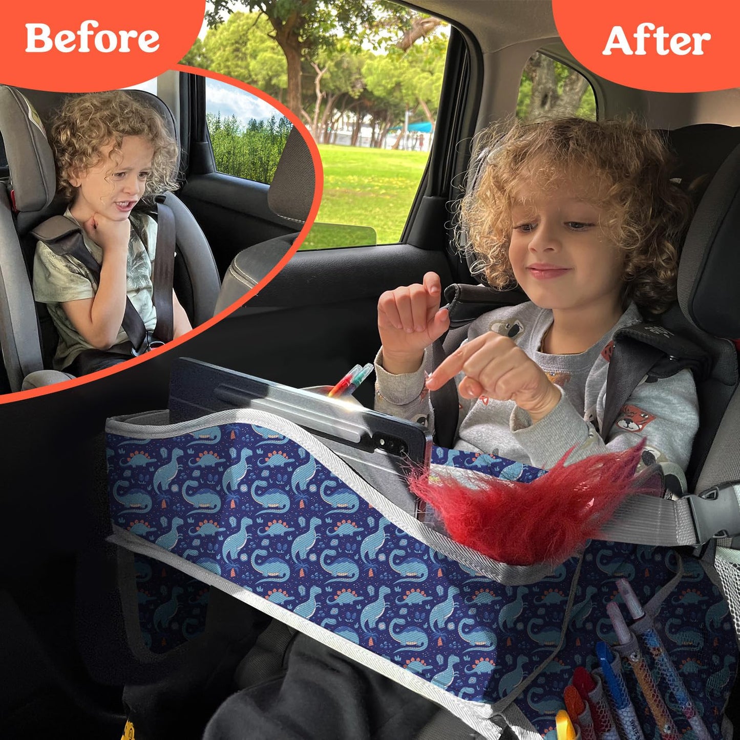 PILLANI Kids Travel Tray for Car - Car Seat Tray for Kids Travel, Road Trip Essentials Must Haves - Carseat Table Roadtrip Activities - Toddler Lap Desk Organizer for Airplane - Kids Travel Essentials
