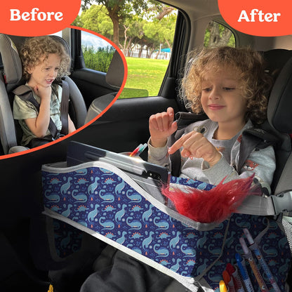 PILLANI Kids Travel Tray for Car - Car Seat Tray for Kids Travel, Road Trip Essentials Must Haves - Carseat Table Roadtrip Activities - Toddler Lap Desk Organizer for Airplane - Kids Travel Essentials